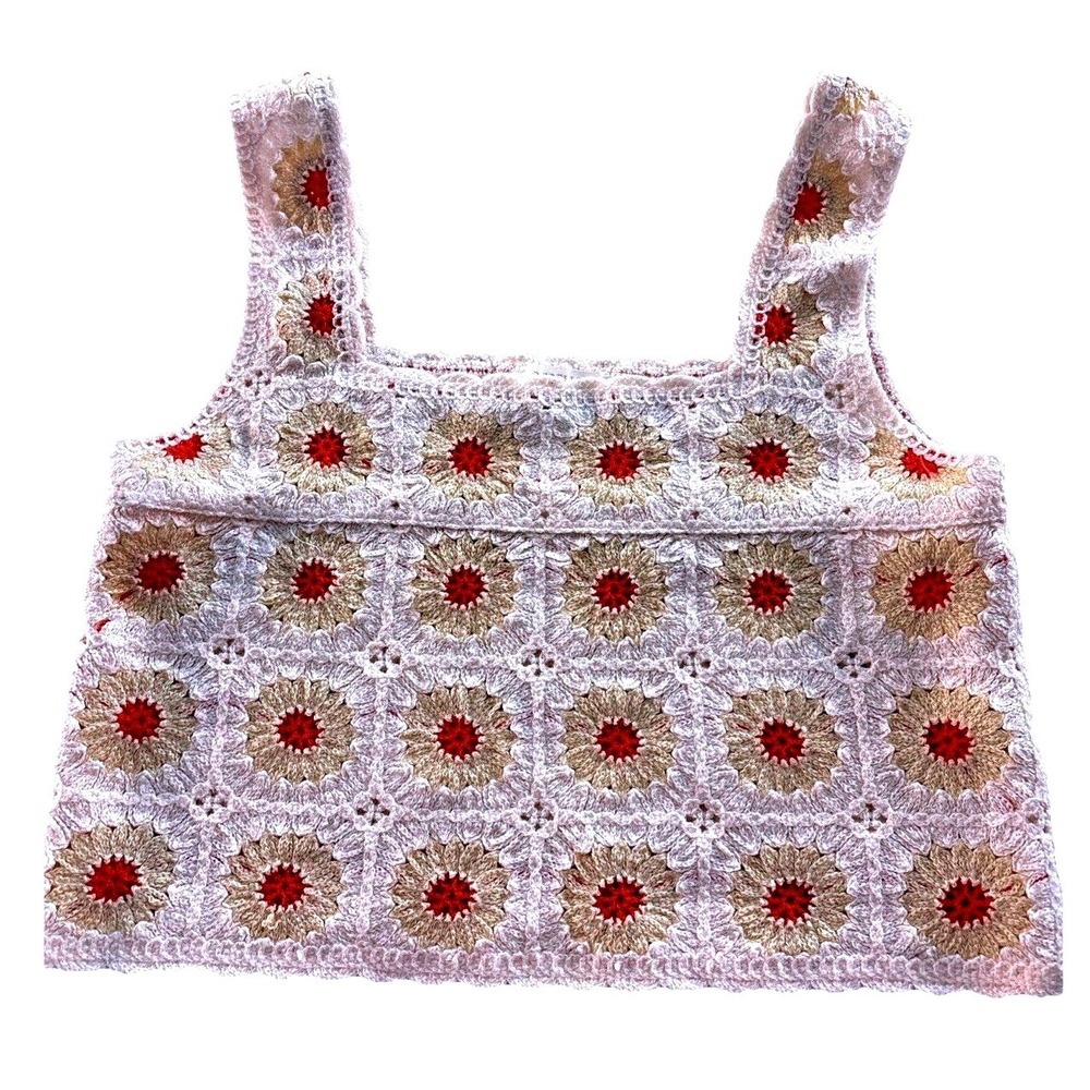 Rebellion Again Crochet Granny Square Sunflower Knit‎ Tank Top Size S Cream